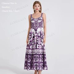 Vestido maxi floral de verano de porcelana morada para mujer, elástico, bohemio, estampado, largo, para vacaciones en la playa y fiestas. 