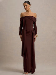 Vestido largo sexy de manga larga con hombros descubiertos de Mozision para mujer, vestido de otoño a la moda sin tirantes, espalda descubierta, drapeado y fruncido para discoteca. 