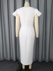 Vestido de graduación blanco con escote en V, mangas con volantes, ajustado, abertura midi, elegante y ajustado, para mujer. 