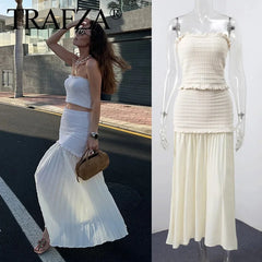 TRAFZA 2025 Conjunto de vestido de punto con top sin tirantes ajustado beige para mujer, falda larga de retazos de cintura alta lisa, para vacaciones de verano 