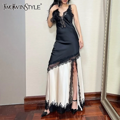 TWOTWINSTYLE Vestidos sueltos para mujer Cuello cuadrado Sin mangas Cintura alta Temperamento Vestido minimalista Moda femenina Nuevo 