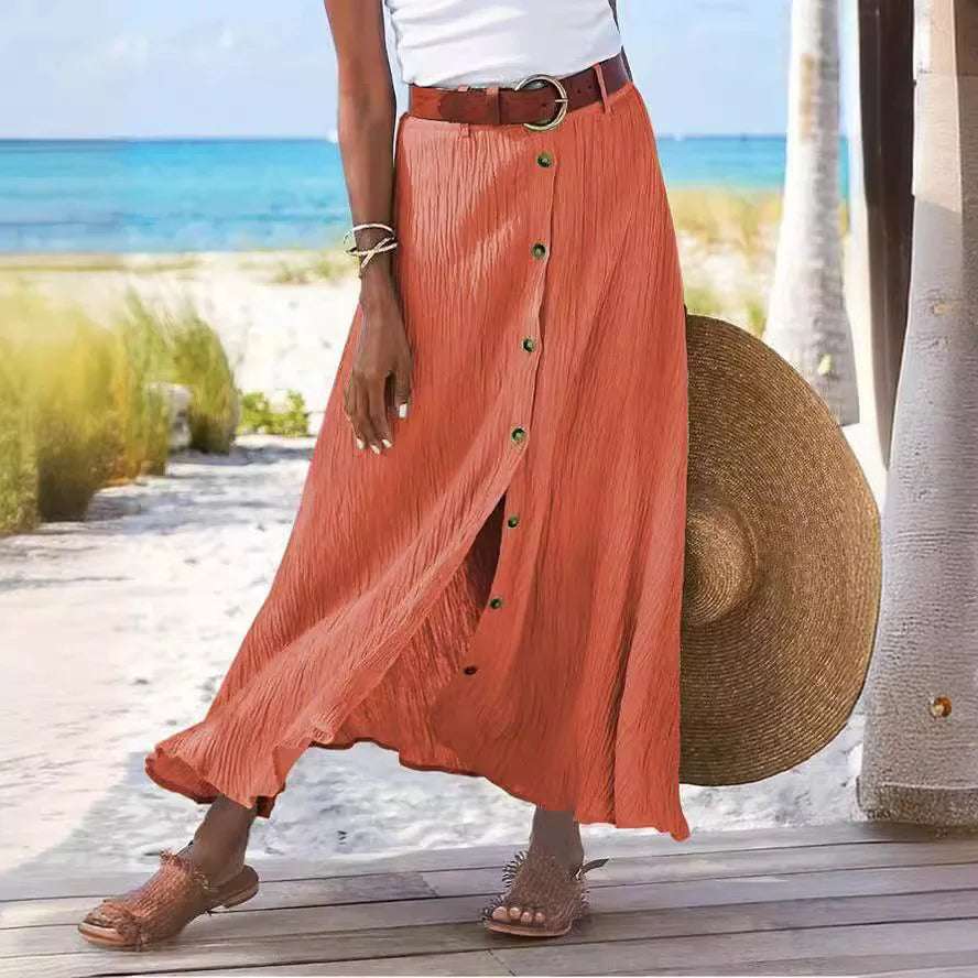 Women Skirt 2025 Spring Summer New Fashion Casual Cotton And Linen Solid Color Buttons Skirt Split A- Line Hip Waist Long Skirt