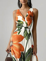 Vestido largo de verano Freeacy para mujer, estampado floral, escote en V, sin mangas, de noche, cintura alta, plisado, corte A, para fiesta 