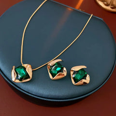 Conjunto de joyería de boda de moda verde al por mayor, pendientes cuadrados, retro, ligero, de lujo, temperamento, collar de cadena de clavícula