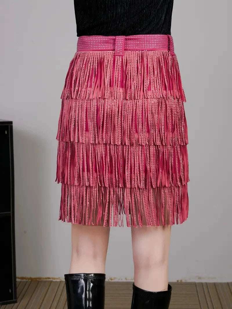 Women Skirt Fashion 2025 New Autumn High Waist Belt Multi Layer Short  Heavy Drilling Rhinestones Fringed Skirt with Cake A Line