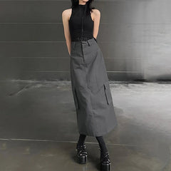 Solid Skirt Summer Women New Fashion Pockets Button Sexy Split Skirt Streetwear Casual Slim Female Club Elegant Party Long Skirt
