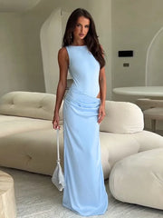 Vestido largo de satén calado para mujer, sin mangas, con espalda descubierta y abertura lateral, nuevo vestido de fiesta de noche de otoño para mujer 