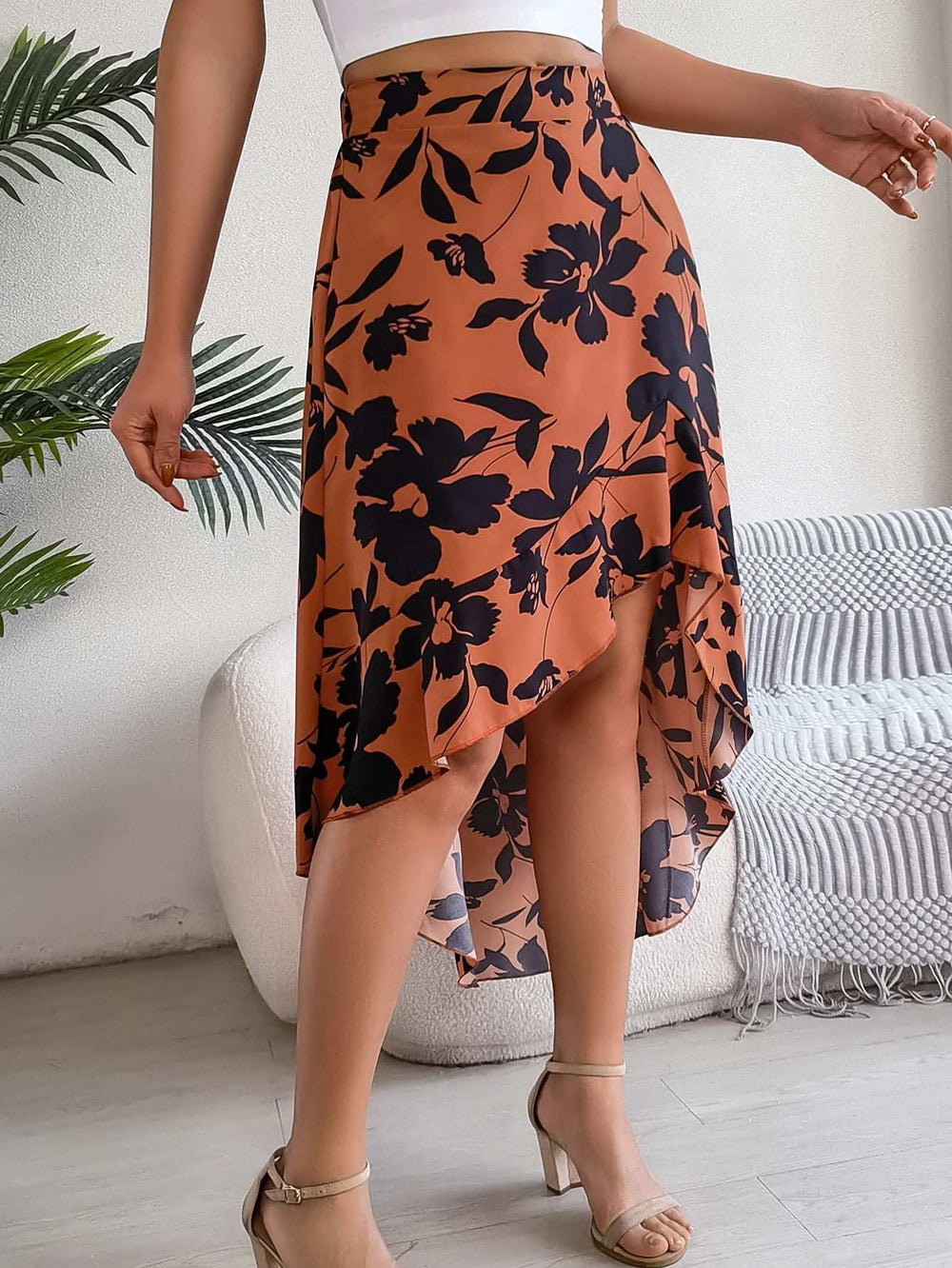 Spring Summer Skirts for Women Casual Floral Print Asymmetric Ruffle Edge Skirt