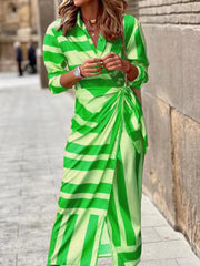 Spring Autumn Fashion Print Dress Blouse Neck Tie Mid Length Striped Skirt Casual Comfortable Street Women's Wear Dresses Robe