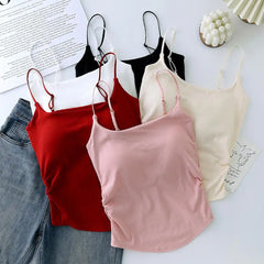 Women Tank Tops  Korean Style Built-In Women's Bra Sleeveless Camisole Pleated Tank Tops Beauty Back Sports Vest Lady Basic Tops