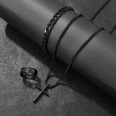 Conjunto de 3 piezas de joyería de aleación de moda para hombre: collar, pulsera y anillo con colgante de cruz.