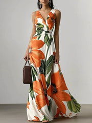 Vestido largo de verano Freeacy para mujer, estampado floral, escote en V, sin mangas, de noche, cintura alta, plisado, corte A, para fiesta 