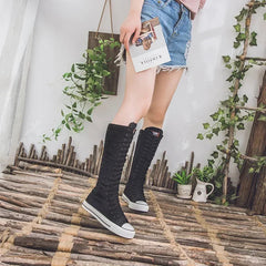 New Women's Canvas Boots Zip Shoes Comfortable Womens Shoes Flat High-top Female Sneakers Lace-up Knee-high Boots Bota Feminina