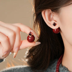 Delicate Red Round Bead Earrings Women's Fashion Inlaid Zircon Earrings Sweet Geometry Earrings Party Jewelry New Years Gifts