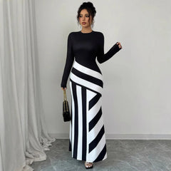 Vestidos largos sexis para mujer, nuevos vestidos de otoño, moda urbana, patchwork blanco y negro, vestido informal ajustado, vestidos de punto elegantes, ropa 
