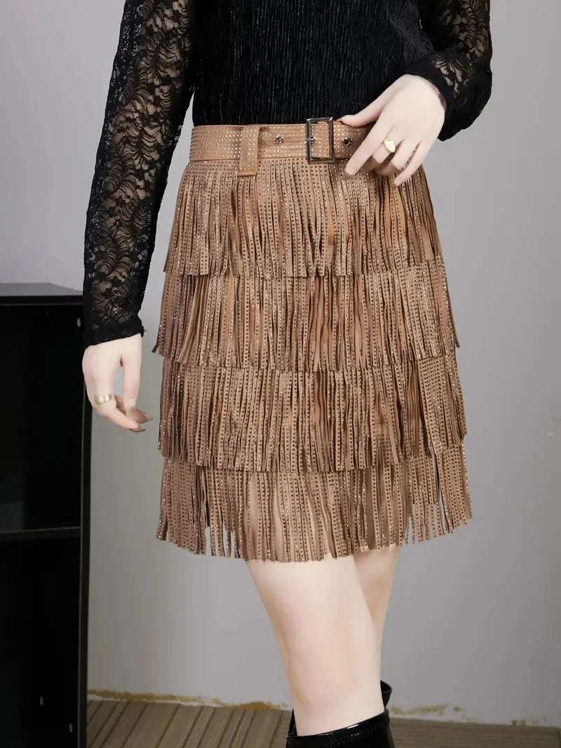 Women Skirt Fashion 2025 New Autumn High Waist Belt Multi Layer Short  Heavy Drilling Rhinestones Fringed Skirt with Cake A Line