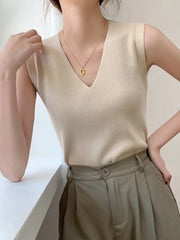 Camisetas de tirantes de punto de verano para mujer, camisetas finas para mujer, camisetas básicas informales, camisetas con cuello en V, camisetas sin mangas para mujer