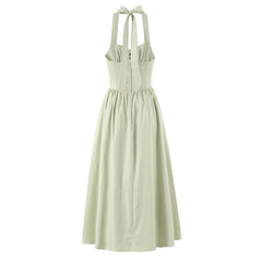 YENKYE Vestido midi con cuello halter, verde y blanco con bordado floral para mujer, sexy, sin espalda, con cordones, elegante, para fiesta, bata de verano 
