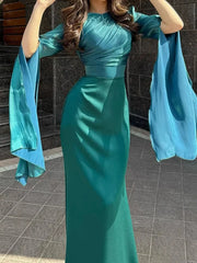 Vestido de satén liso de moda para mujer, vestido ajustado con cuello redondo, elegante vestido largo con mangas de murciélago y cintura alta plisada 2025. 