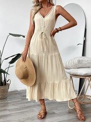 New summer minimalist versatile strap sleeveless high waisted patchwork wave wrinkled V-neck solid color women's dress