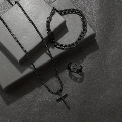 Conjunto de 3 piezas de joyería de aleación de moda para hombre: collar, pulsera y anillo con colgante de cruz.