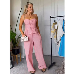 Women's 2025 New Pants Sets Summer Fashion Striped Elastic Waist Pants 2-piece Set Street Chic Elegant Women Holiday Travel Suit