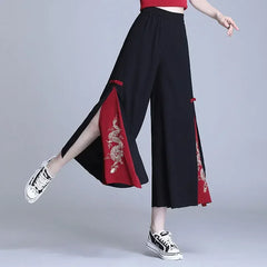 Fashion Women Trousers High Waist Wide Leg Pants Chiffon Slit Culottes Cheap Wholesale Elastic Waist Cropped Pants Free Shipping