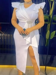 Vestido de graduación blanco con escote en V, mangas con volantes, ajustado, abertura midi, elegante y ajustado, para mujer. 