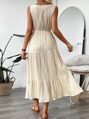 New summer minimalist versatile strap sleeveless high waisted patchwork wave wrinkled V-neck solid color women's dress