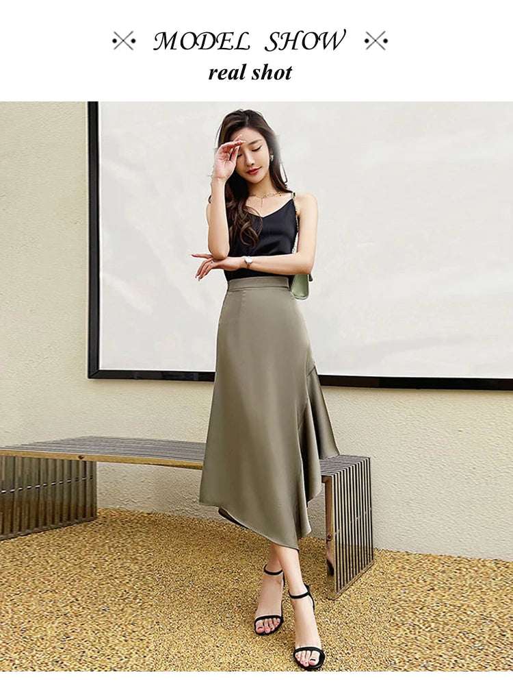 Elegant High Waist Satin Skirts Women Irregular Mermaid Skirt Fashion Streetwear Casual A-Line Skirts Office Lady Long Skirts
