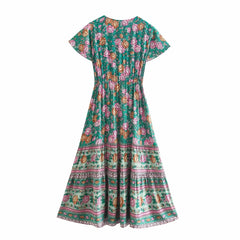 Happie Queens Women Floral Print Beach Bohemian Maxi Dresses Ladies Vacation Front Button Rayon Boho Dress Vestidos
