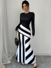 Vestidos largos sexis para mujer, nuevos vestidos de otoño, moda urbana, patchwork blanco y negro, vestido informal ajustado, vestidos de punto elegantes, ropa 