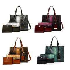 Stylish 3-Piece Set - Faux Leather Crocodile Pattern Handbags - Vintage Design Tote With Matching Clutch & Wallet Crossbody Bag