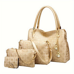 4-Piece Set of Stylish Faux Leather Purses and Handbags - Zipper Closure, Polyester Lining, Animal Print Pattern, Tote, Satchel, and Shoulder Bags for Women
